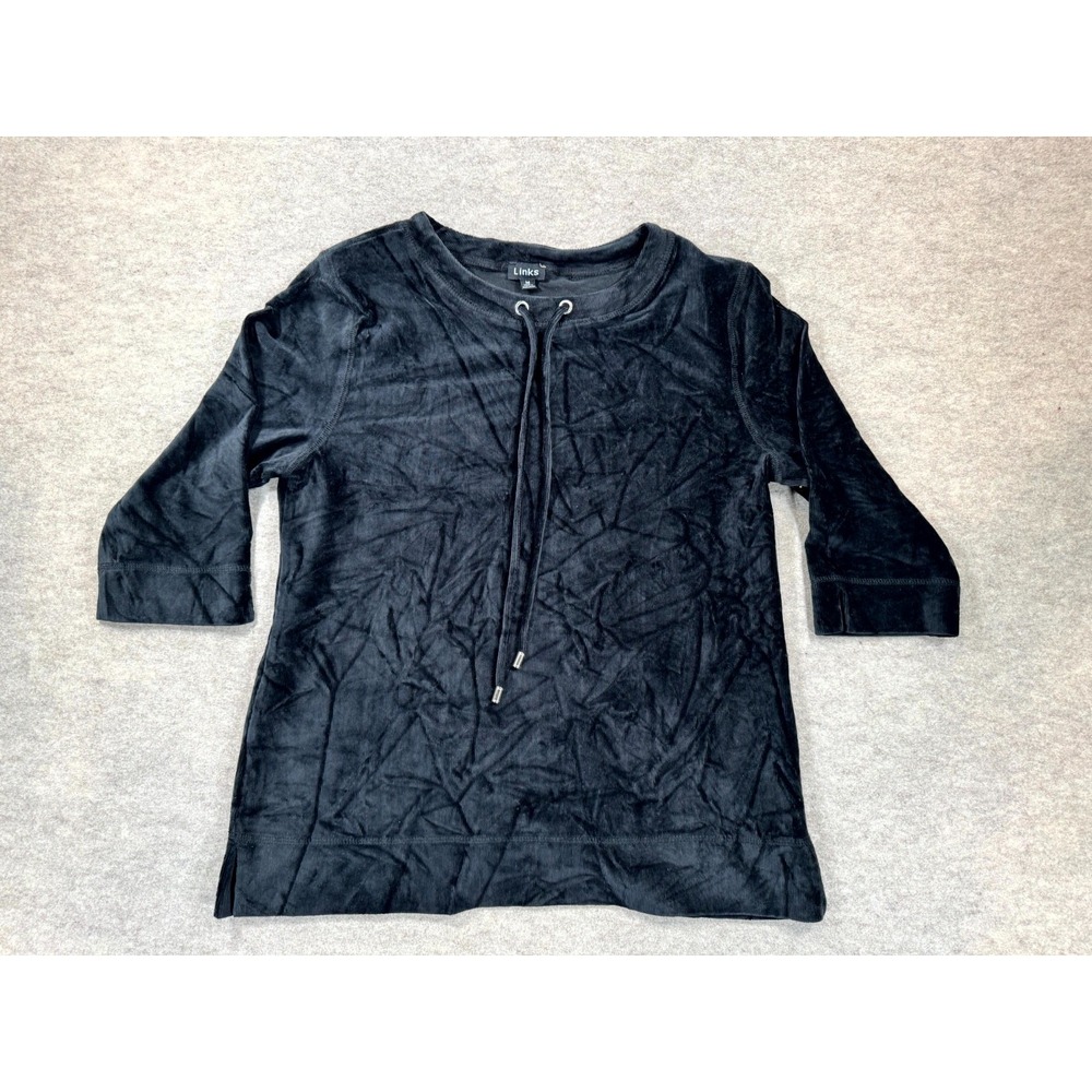 Link Velvet Blouse Top Women Medium Black 3/4 Sleeve Drawstring Tie Neck Casual